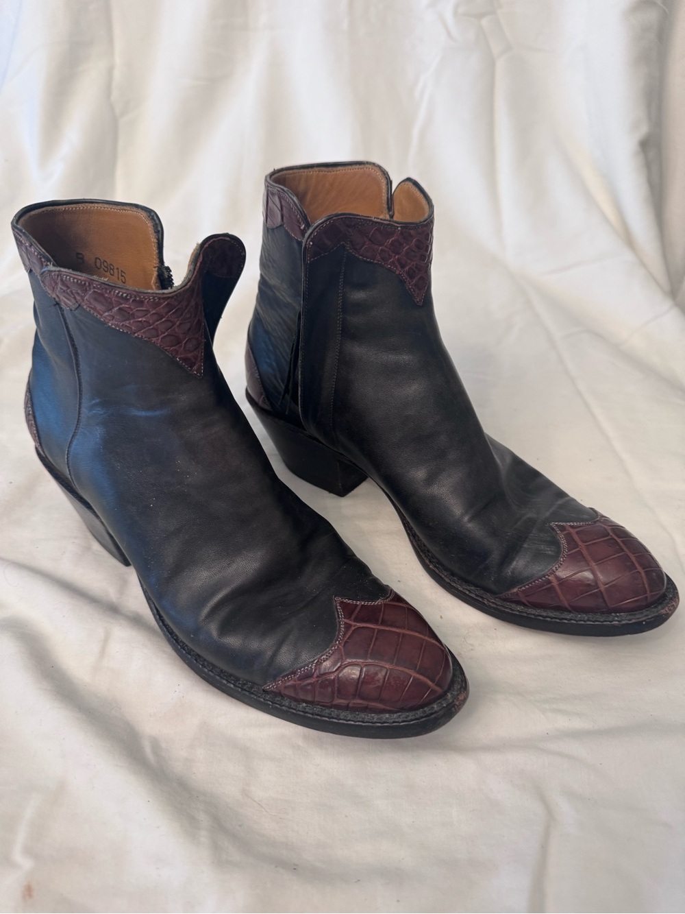 Lucchese Black Leather Ankle Boots with Brown Croc Accents 6B Side Zip